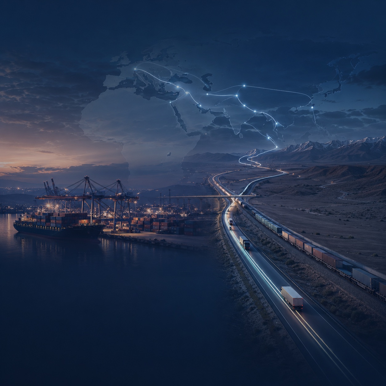 SENTRA freight network — port, road, rail and air across the Gulf, Central Asia and Europe
